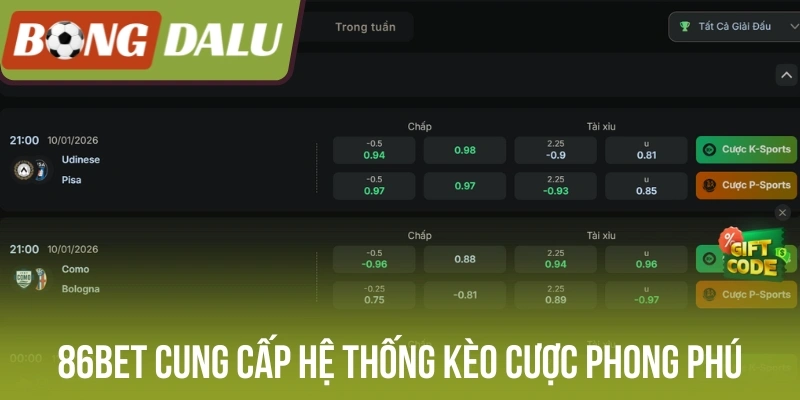 86Bet cung cấp hệ thống kèo cược phong phú