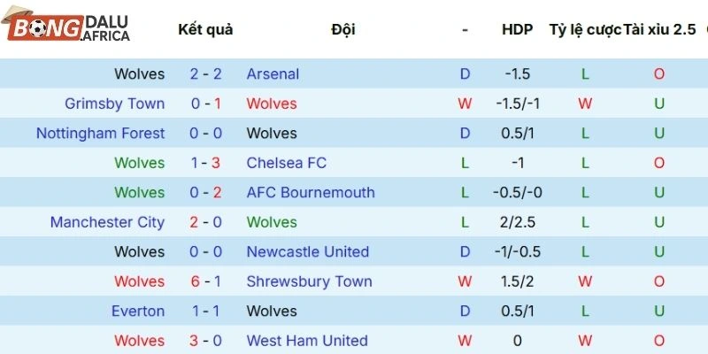 Thành tích 5 lần ra sân gần nhất của Wolverhampton Wanderers