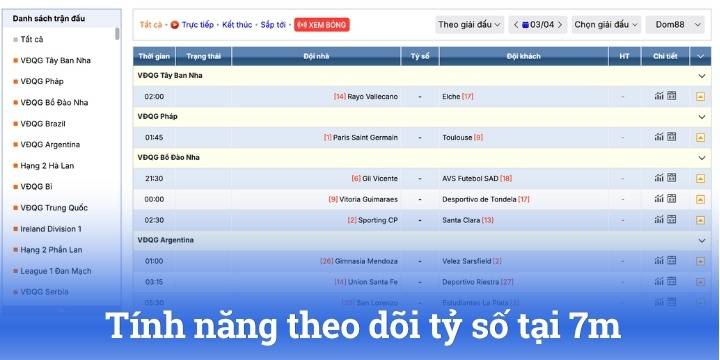 Theo dõi tỉ số trực tuyến livescore chi tiết trên 7m